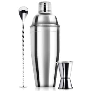 Silver 3-Piece 24 oz. Stainless Steel Cocktail Shaker Set with Built-in Strainer, Measuring Jigger and Mixing Spoon