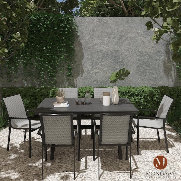Mondawe 7-Piece Aluminum Standard Height Outdoor Dining Table Set with Textilene Backrest and Plastic Wood Tabletop