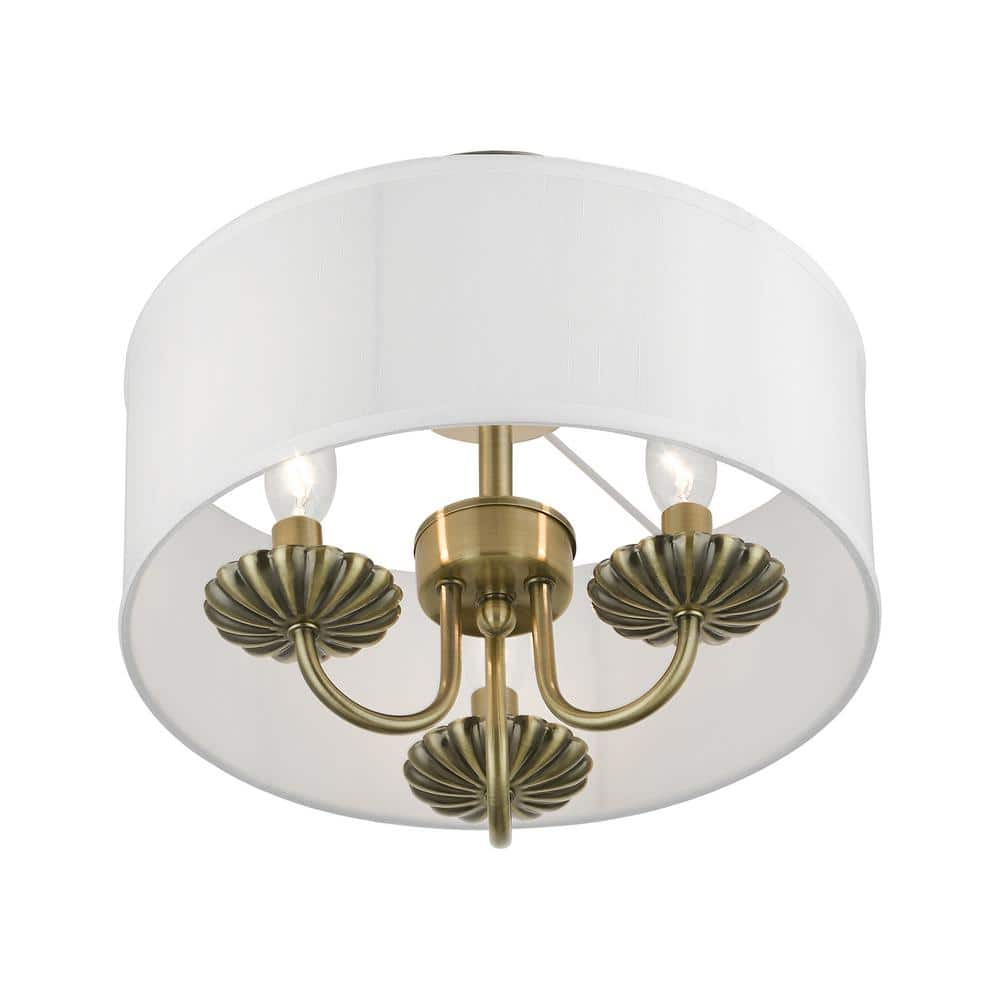 Antique Brass 13" Semi-Flush Mount with Off-White Drum Shade