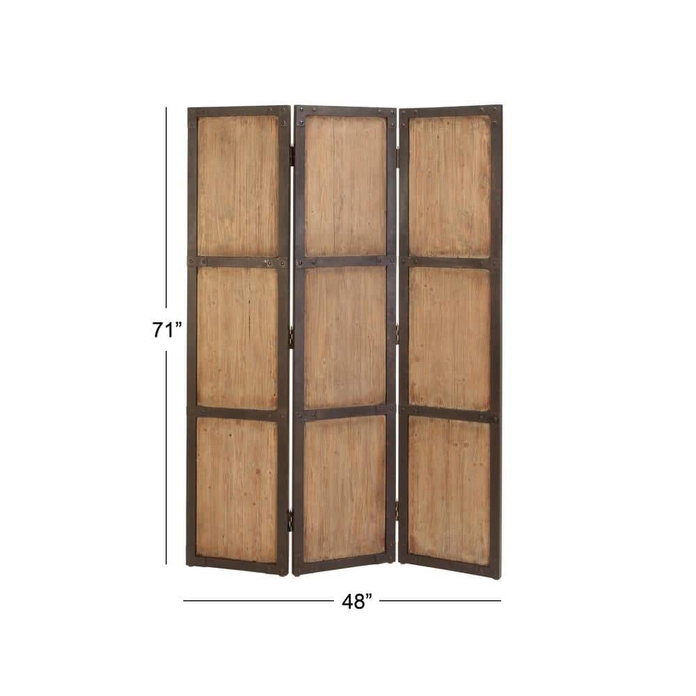 Brown Fir Wood and Metal 3-Panel Folding Privacy Screen
