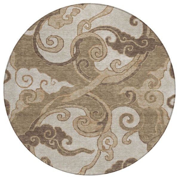 Chantille Machine Washable Indoor/Outdoor Abstract ACN3034 Mocha 8 ft. x 8 ft. Round Rug