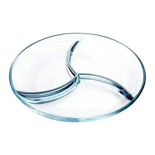 Tempered Glass Divided Plate Round Compartmentalized Glass Sectional Dish with Dividers Oven Microwave Safe 1 Piece