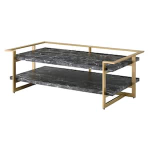 Muscher 50 .5 in. Gold Coating and Black Rectangle Faux Marble Coffee Table with Shelf