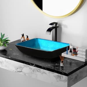 Proteus Turquoise Finish Tempered Glass Rectangular Vessel Sink with Faucet and Pop Up Drain