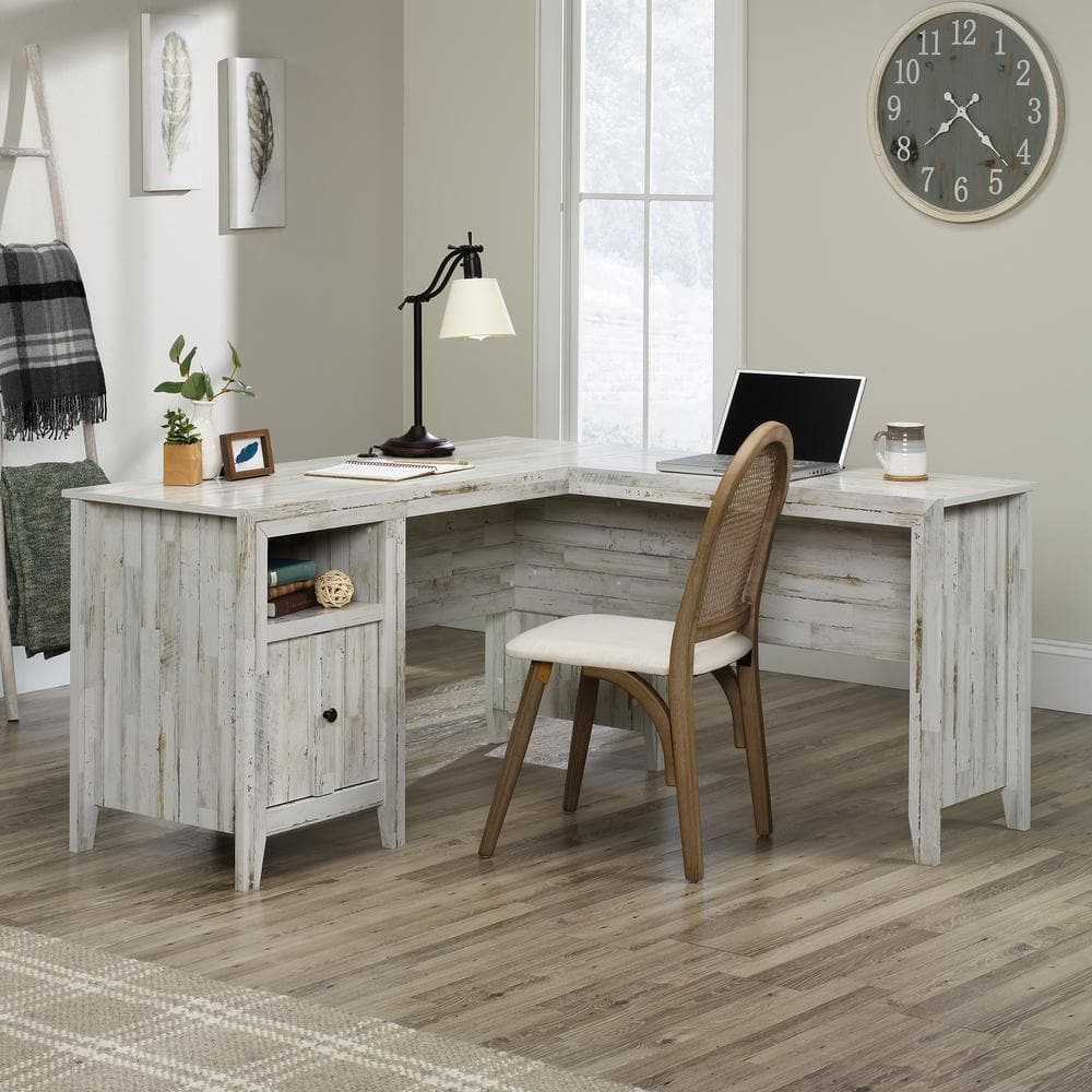 White Wood L-Shaped Computer Desk with Drawer and Keyboard Tray