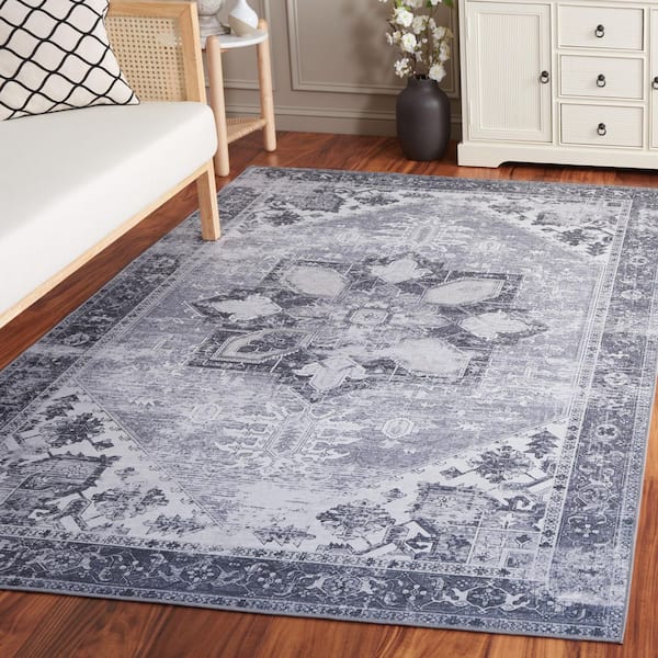 Tucson Gray 7 ft. x 7 ft. Machine Washable Distressed Ornate Border Square Area Rug