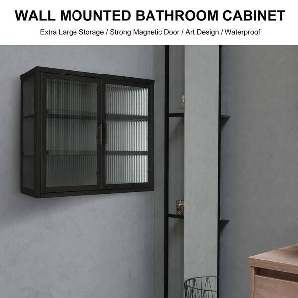 FUNKOL 27.6 L x 9.1W x 23.6H in. Black Vintage Style Double Glass Door Wall Mounted Cabinet with Removable Divider Included