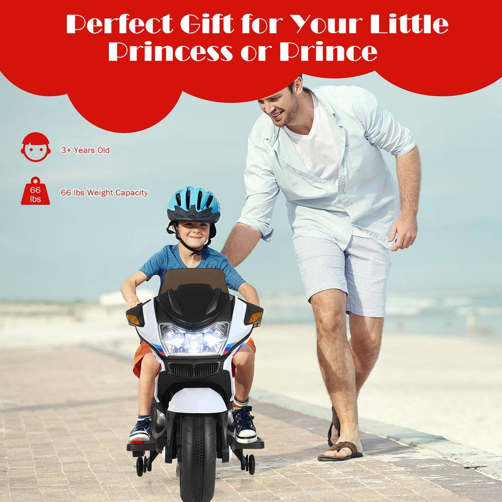 White 12-Volt Kids Ride-On Motorcycle with Training Wheels