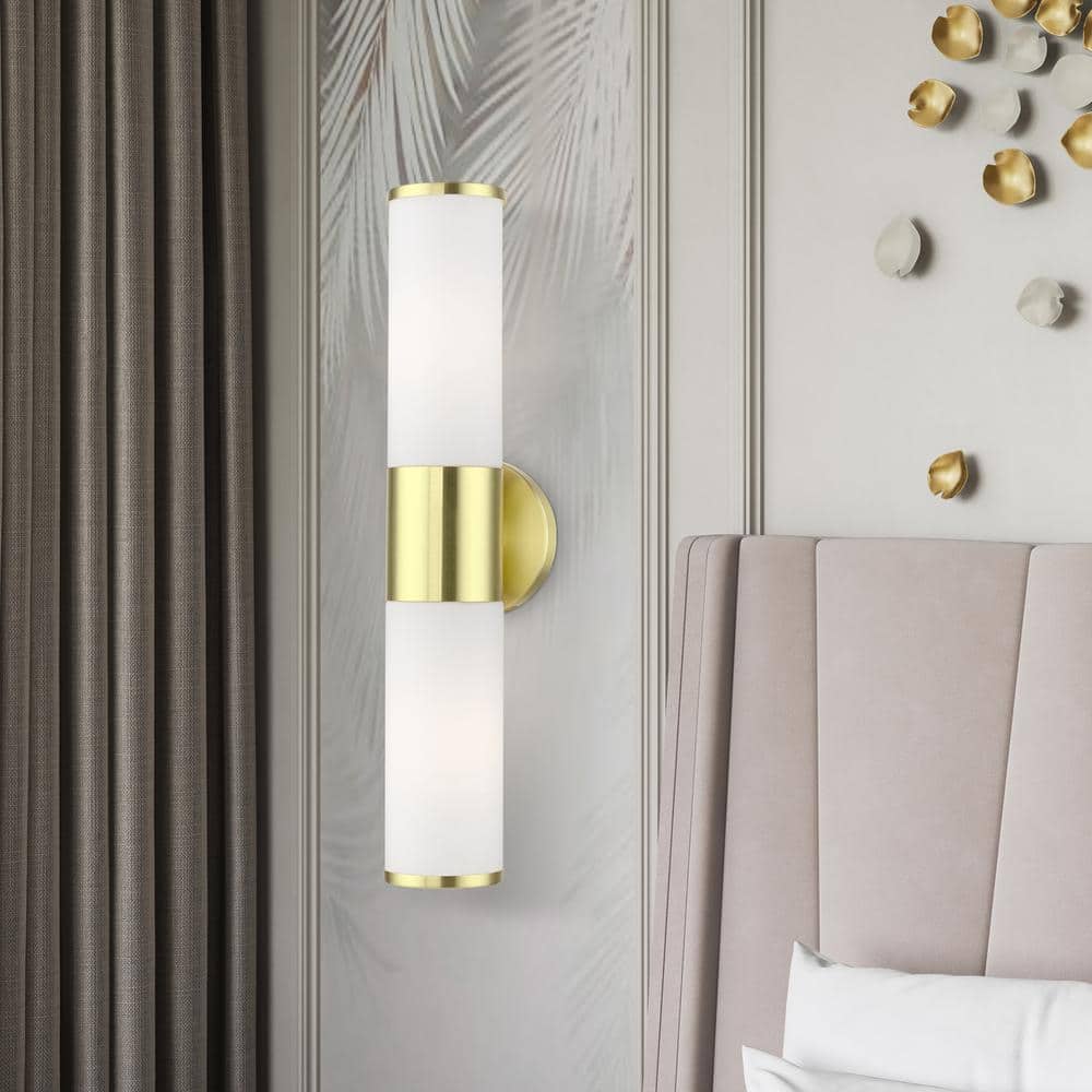 Crestmoor 18.5 in. 2-Light Satin Brass ADA Vanity Light with Satin Opal White Glass