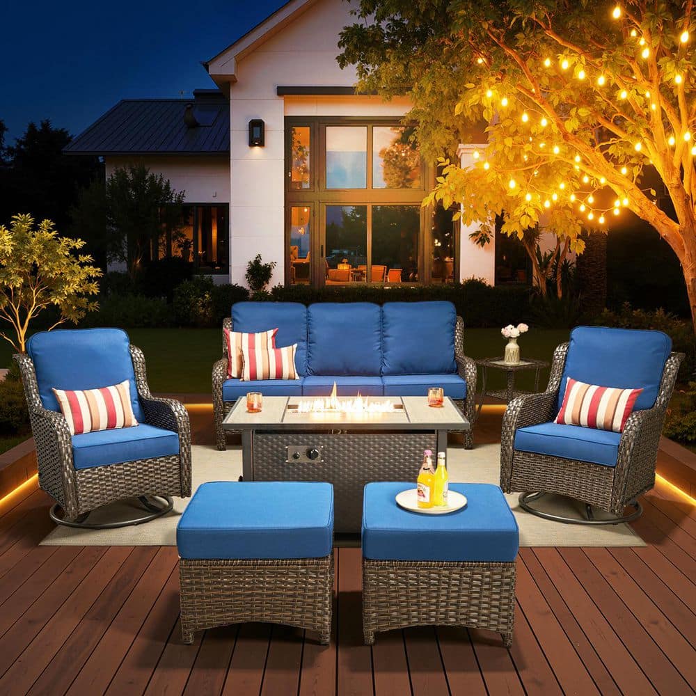 Polaris 7 Pieces Wicker Outdoor Patio Rectangular Fire Pit Set and Swivel Rocking Chairs with Navy Blue Cushions price history on PriceWatchPro