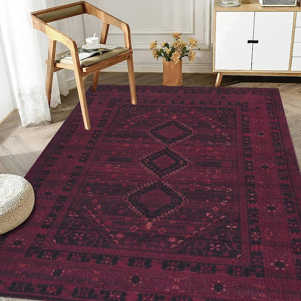 Olympus Burgundy 9 ft. x 12 ft. Machine Washable Vintage-Turkoman Oriental Bokhara Polyester Non-Slip Backing Area Rug