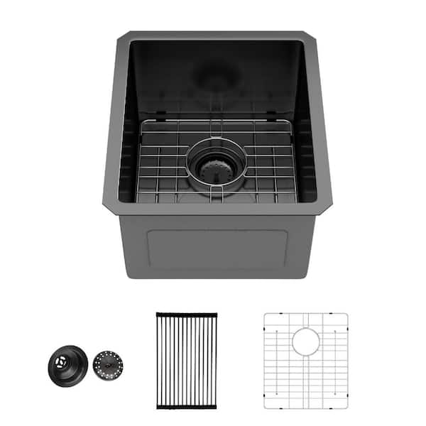 15 in. Undermount Single Bowl 16 Gauge T304 Gunmetal Black Stainless Steel Bar Kitchen Sink with Bottom Grid / Strainer