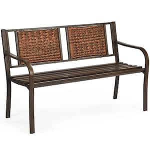 2-Person Brown Metal Outdoor Bench Backrest Outdoor Porch