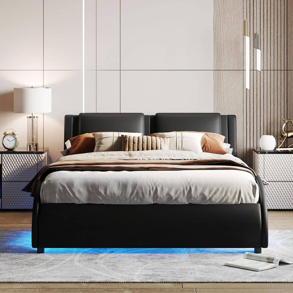 Black Faux Leather Upholstered Queen Platform Bed with LED Lights