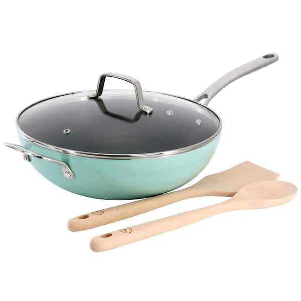 MARTHA STEWART 12 Inch 5 qt. Aluminum Nonstick Essential Pan with Lid and Beech Wood Utensils in Blue