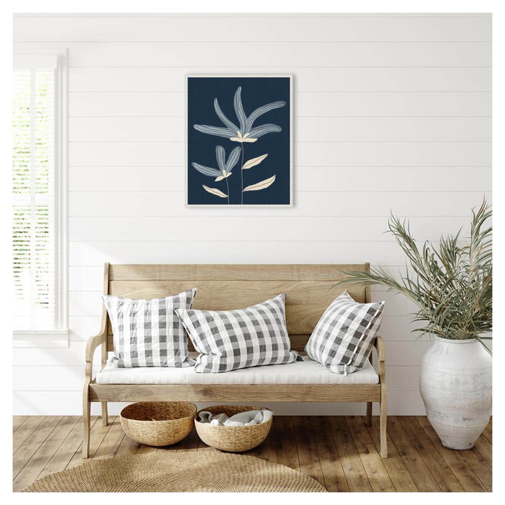 Abstract Floral Navy and White Canvas Wall Art with Beaded Frame