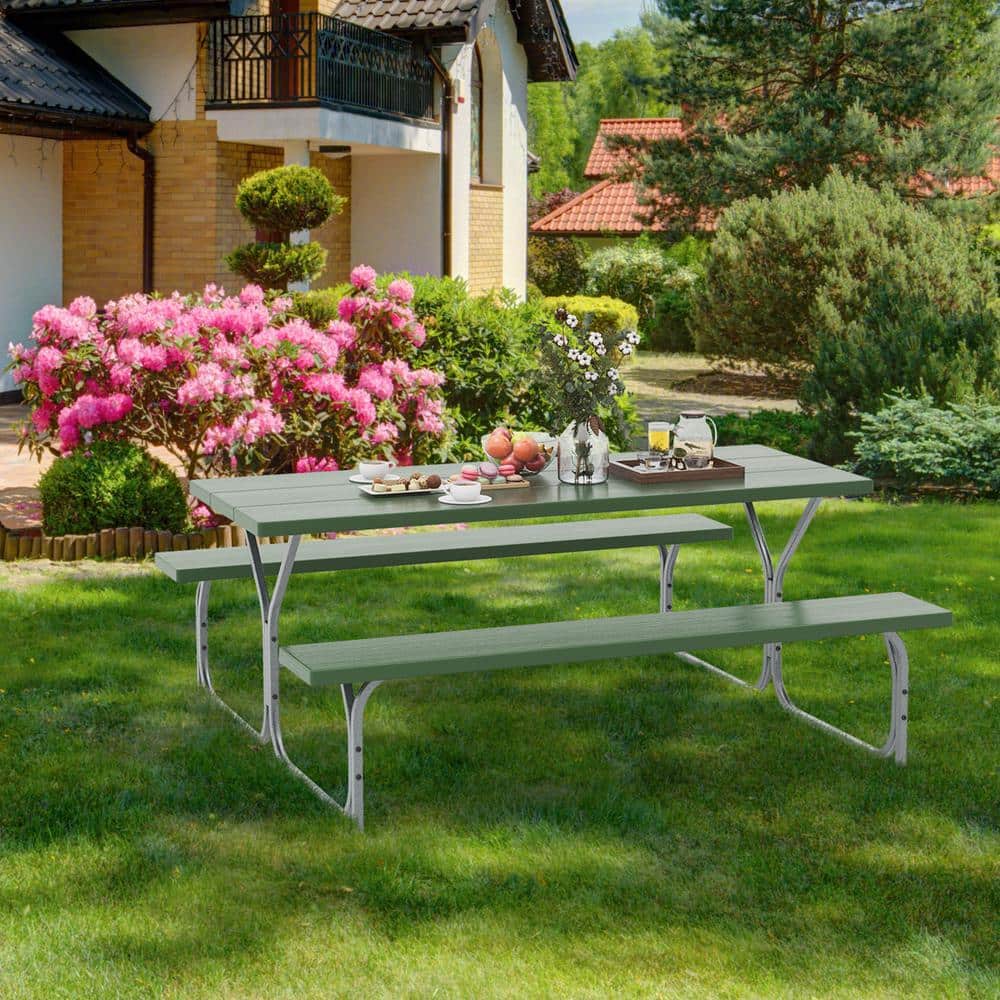 ANGELES HOME 72 in. Green Rectangle Metal Picnic Table Seats 8