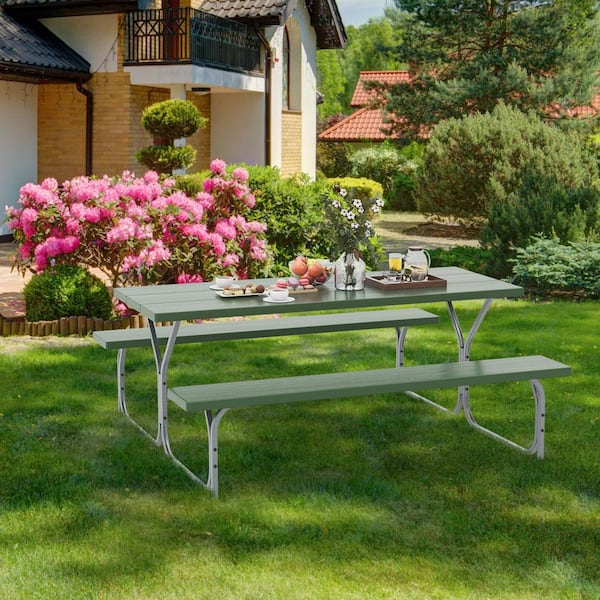ANGELES HOME 72 in. Green Rectangle Metal Picnic Table Seats 8