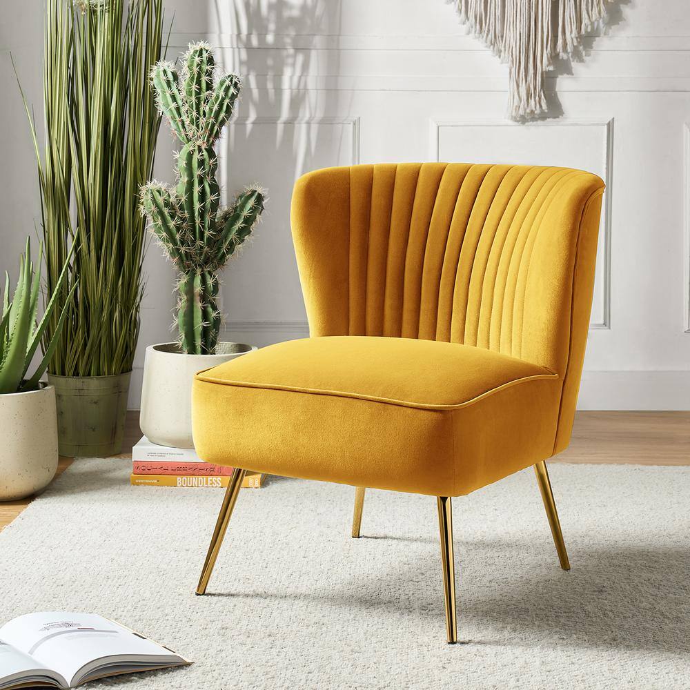 Mustard Velvet Armless Accent Chair with Gold Legs