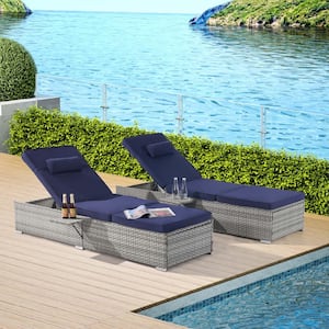 2-Piece Gray Wicker Outdoor Chaise Lounge with Dark Blue Cushions