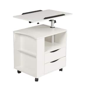 2-Drawer White Height Adjustable Overbed End Table Wooden Nightstand with Swivel Top, Wheels and Open Shelf
