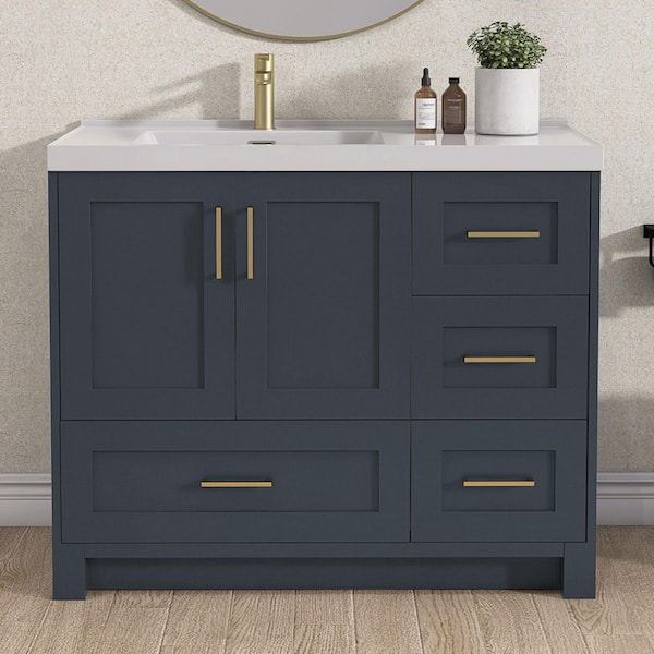 42 in. Solid Wood Freestanding Single Left Sink Bath Vanity Cabinet in Navy Blue with White Solid Surface Top and Basin