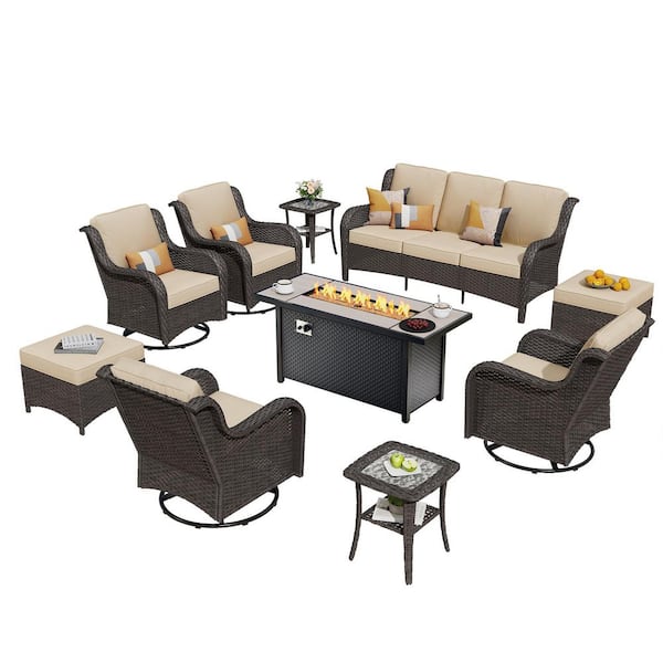 Garnet 10-Piece Wicker Outdoor Fire Pit Patio Conversation Sofa Set with Swivel Rocking Chairs and Beige Cushions