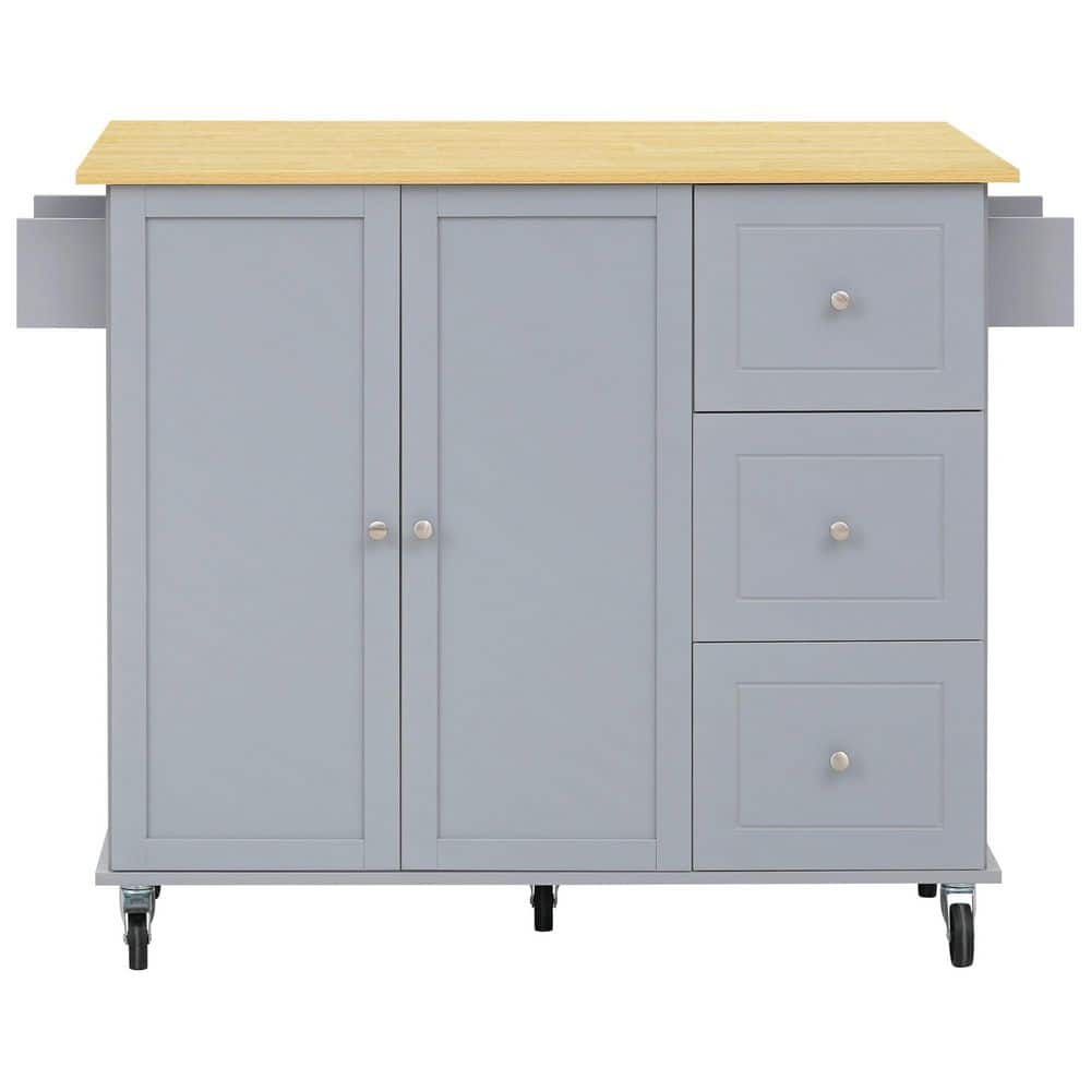 Grey Blue Solid Wood Buffet with Drop Leaf Bar, Cabinet, Wheels