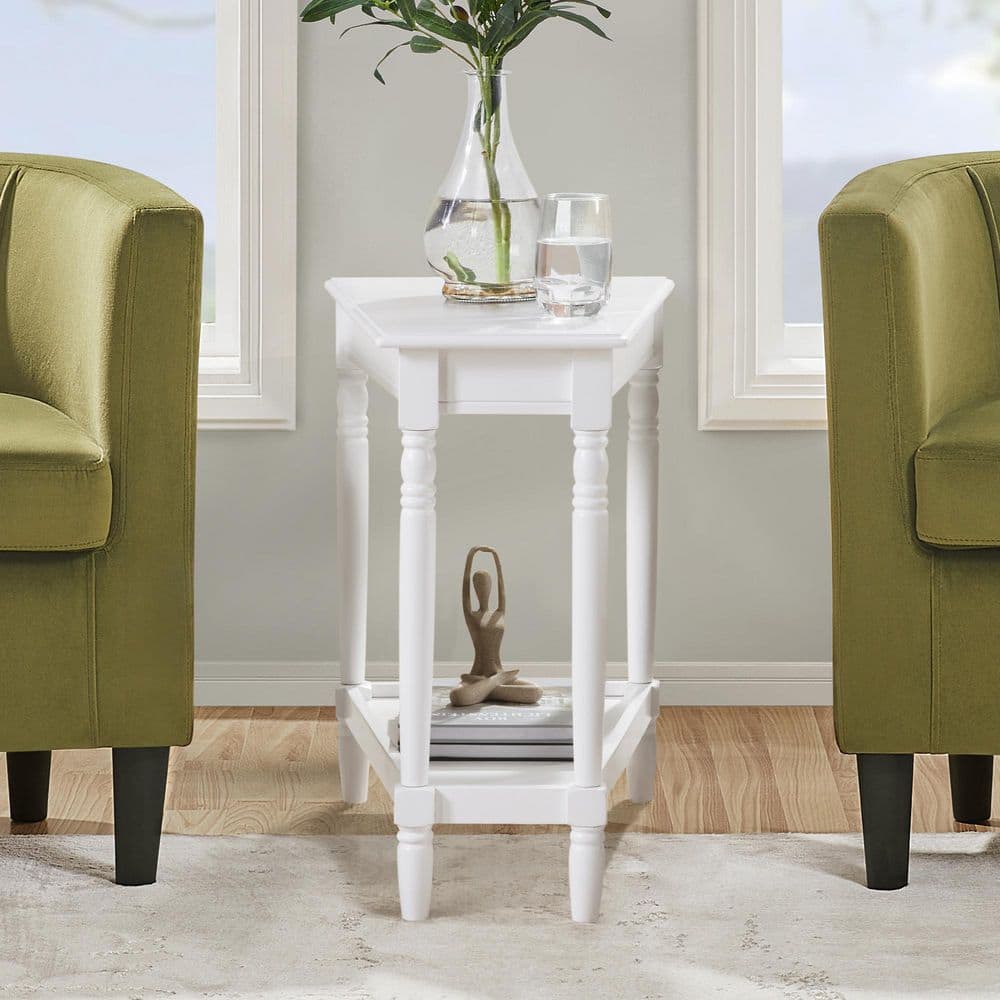 French Country Manor 15.75 in. White Wedge Wood End Table with Shelf