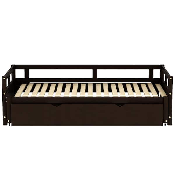 ANBAZAR Espresso Twin to King Extendable Wood Daybed with Trundle, Sturdy Wood Extendable Sofa Bed Daybed Frame