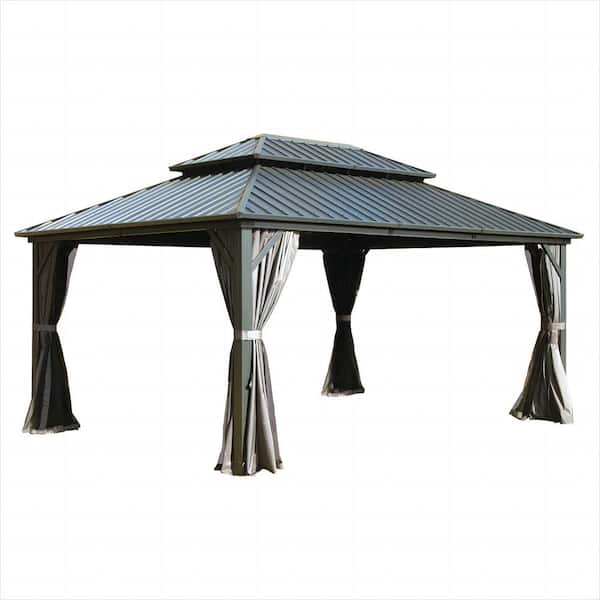 domi outdoor living 12 ft. x 14 ft. Aluminum Hardtop Gazebo with Galvanized Steel Double Roof Netting Curtains