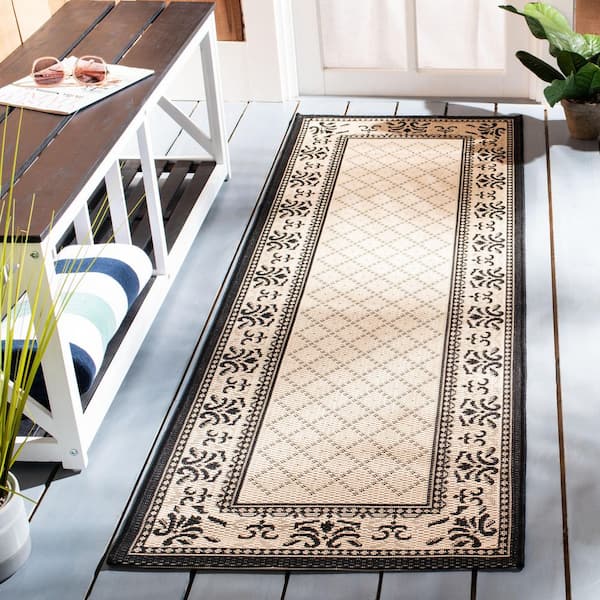 Courtyard Sand/Black 2 ft. x 14 ft. Border Indoor/Outdoor Patio  Runner Rug