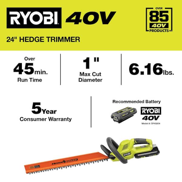 RYOBI 40V 24 in. Cordless Battery Hedge Trimmer with 2.0 Ah Battery and  Charger RY40HG01K - The Home Depot