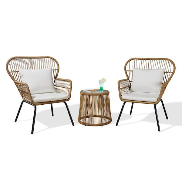 ULAX FURNITURE 3-Piece Wicker Round Outdoor Bistro Set with White ...