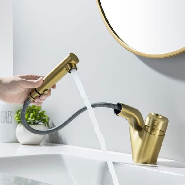 Single Hole Single-Handle Bathroom Faucet with Pull-Down Sprayer in Brushed Gold