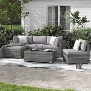 6-Piece Hand-Woven Wicker Patio Outdoor Sectional Sofa Conversation Set with Gray Washable Cushions for Backyard