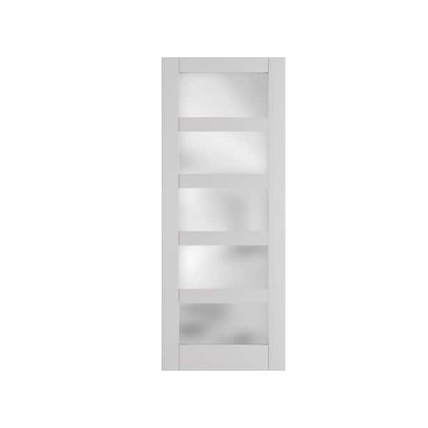 30 in. x 80 in. Interior Sliding Door, 5 Lites Frosted Glass Solid Wood MDF White Door Panels, Single Slab Finished.