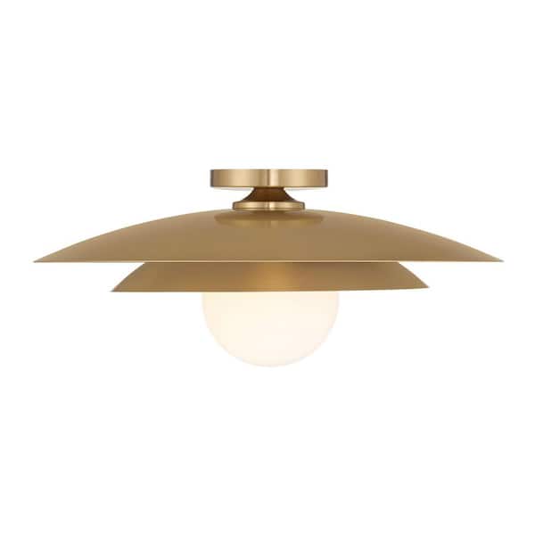 Sherrer 20 in. 1-Light Warm Brass Mid-Century Modern Semi-Flush Mount Ceiling Light with White Opal Glass Globe