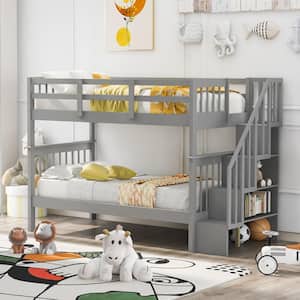 Hazzard Gray Twin Over Twin Bunk Bed with Stairs and Shelves