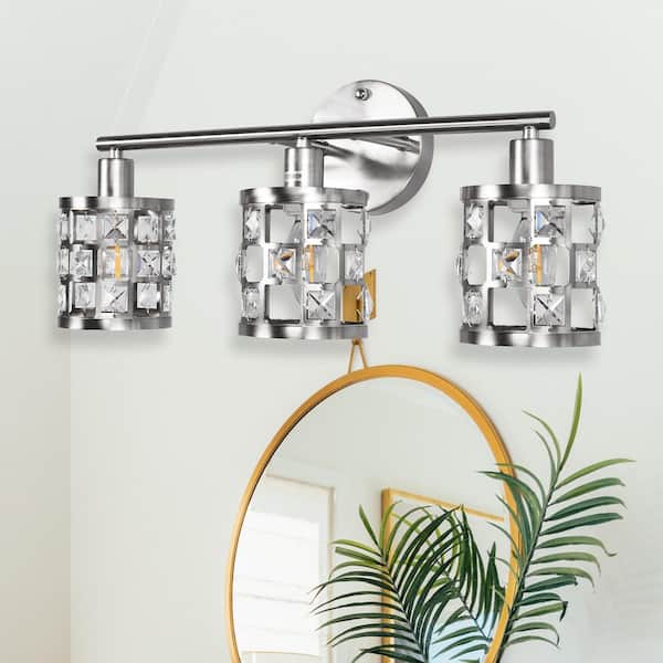 20 in. 3-Light Brushed Nickel Modern Industrial Bathroom Vanity Light Over Mirror with Crystal Shade for Vanity, Mirror