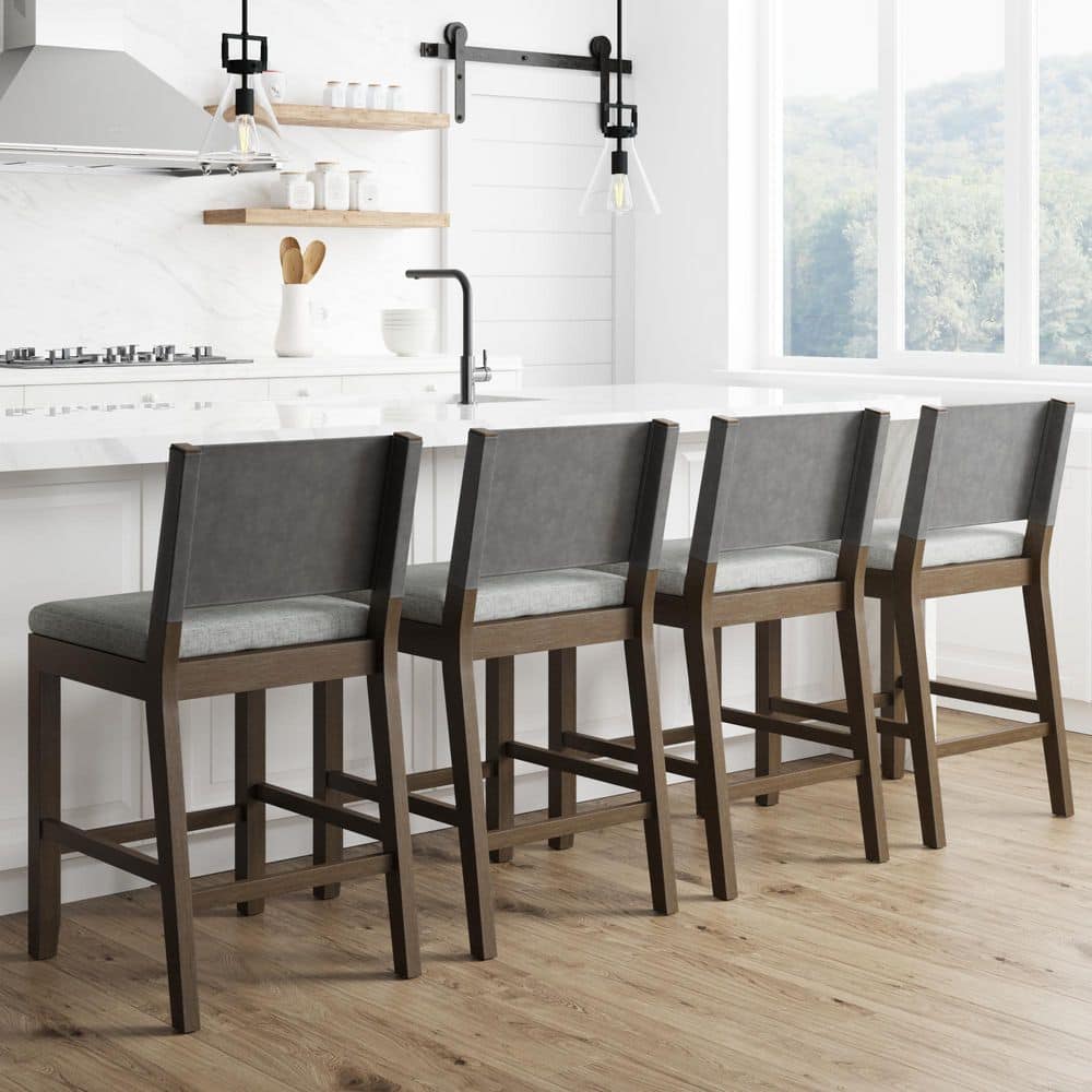 Linus 36 in. Modern Wood Counter Height Bar Stool with Faux Leather Back and Ivory Upholstered Fabric Seat, Set of 4 price history on PriceWatchPro