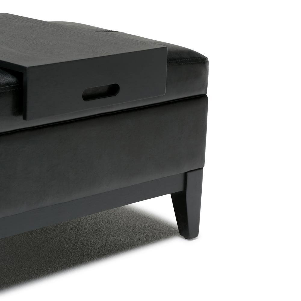 Midnight Black Tufted Faux Leather Cocktail Ottoman with Tray & Storage