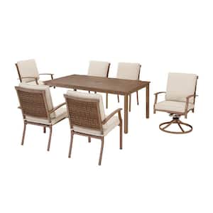 Geneva 7-Piece Brown Wicker Outdoor Patio Dining Set with CushionGuard Stone Gray Cushions