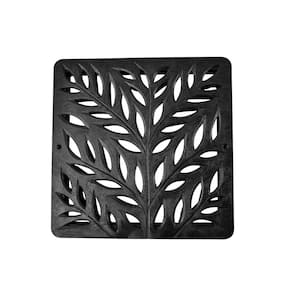 12 in. Square Catch Basin Drain Grate, Decorative Botanical Design, Black Plastic