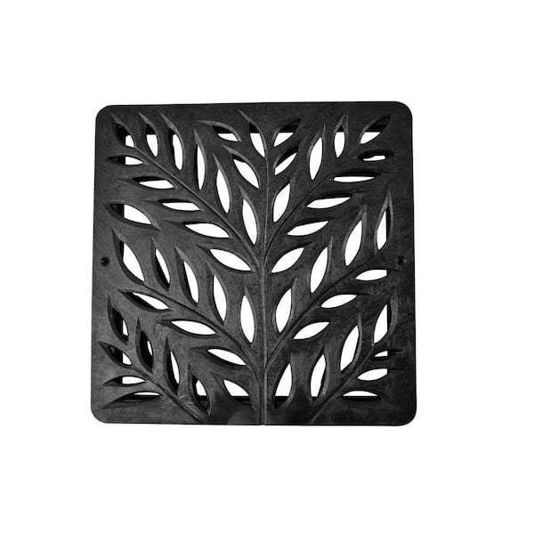 12 in. Square Catch Basin Drain Grate, Decorative Botanical Design, Black Plastic
