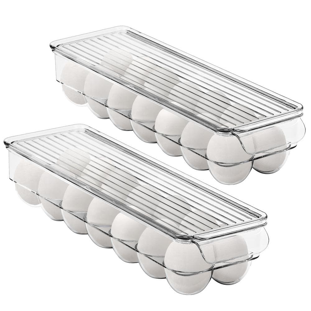 2 Pack Clear Plastic Egg Holder Set with Lids-holds 14 eggs for Fridge, Pan