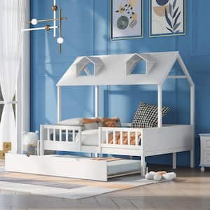 White Full Size House Bed Wood Bed with Twin Size Trundle, Full Bed Frame with Roof and Fence for Kids