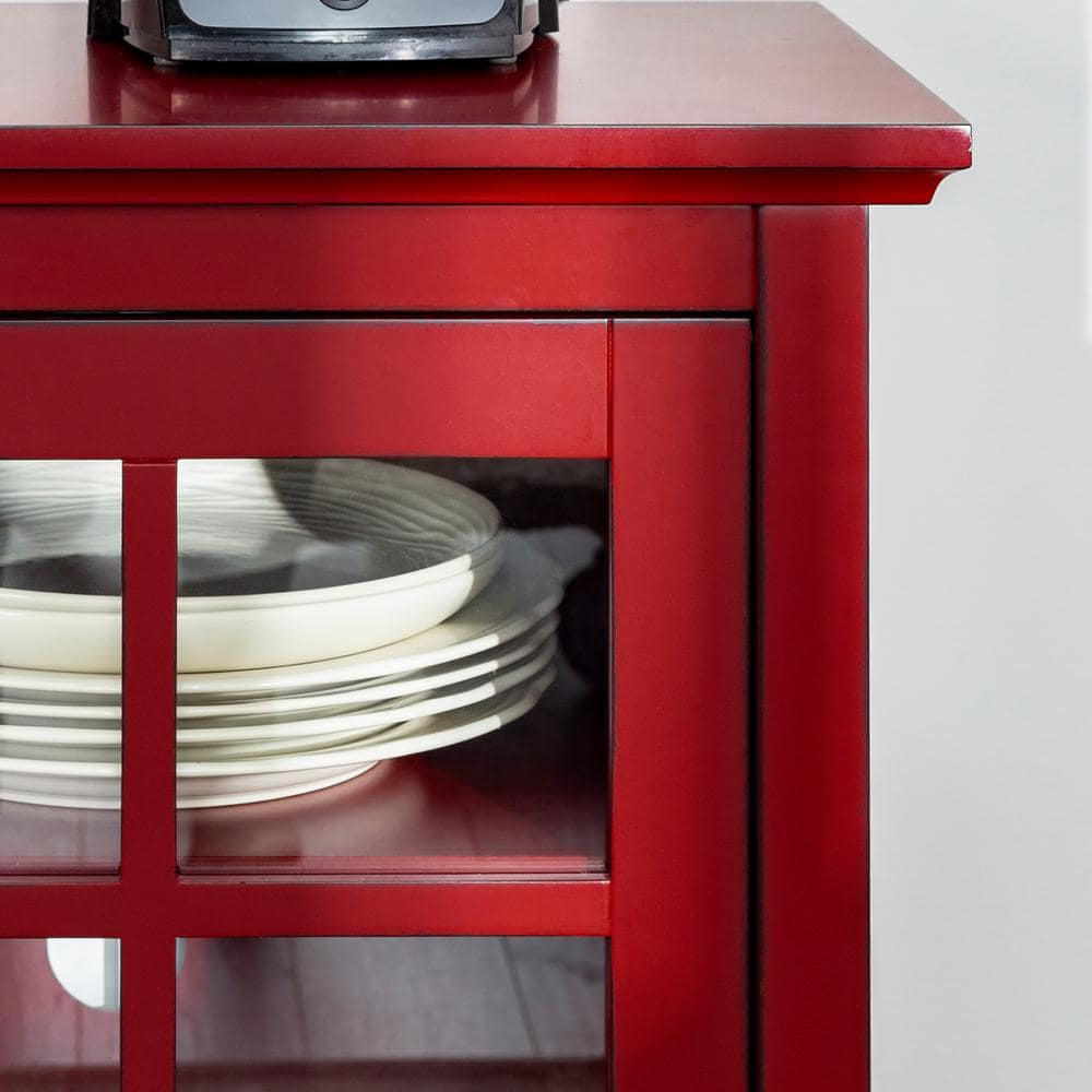 Antique Red Farmhouse Console with Glass Doors and Storage