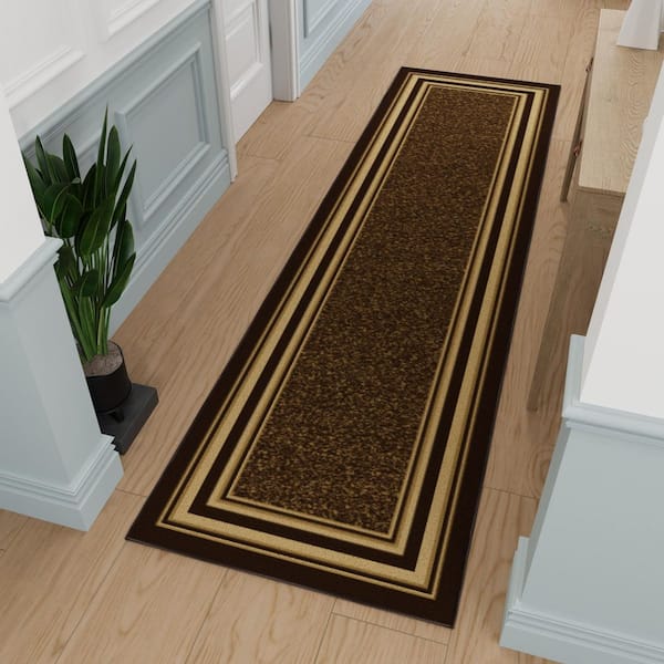 Ottohome Collection Non-Slip Rubberback Bordered Design 3x10 Indoor Runner Rug, 2 ft. 7 in. x 9 ft. 10 in., Dark Brown