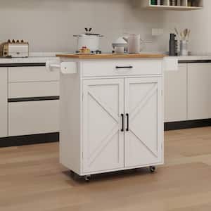 White and Natural Wood 37.99 in. Kitchen Island with Adjustable Shelves and Seasoning Rack